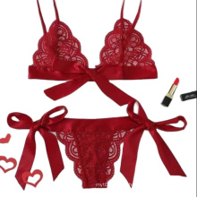 New Cute Design Bra Sets Women's 2 Piece Bow Silk Satin Strap Bralette Sexy Lace Lingerie Set